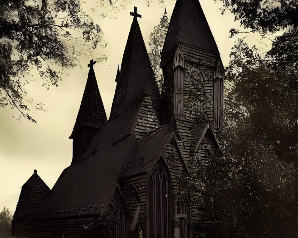 Gothic church with pointed arches and spires in dark, overcast setting