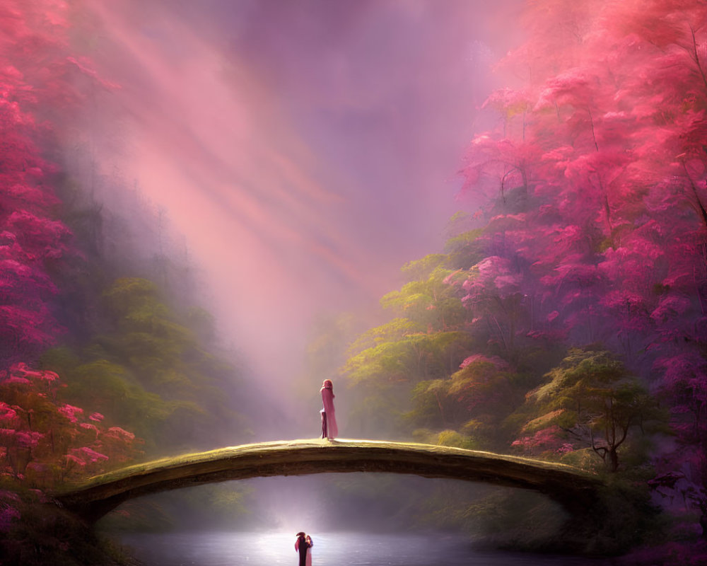 Tranquil forest setting with two figures on arched bridge