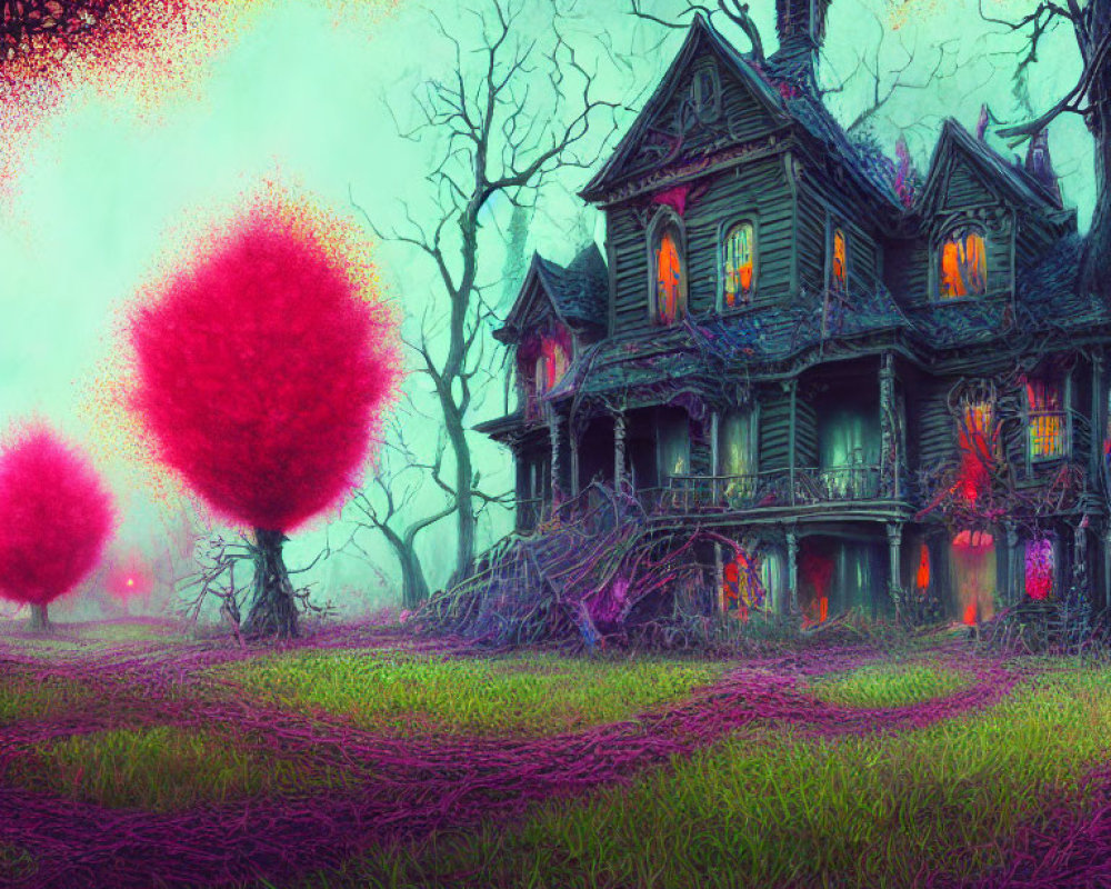 Spooky two-story haunted house in eerie landscape