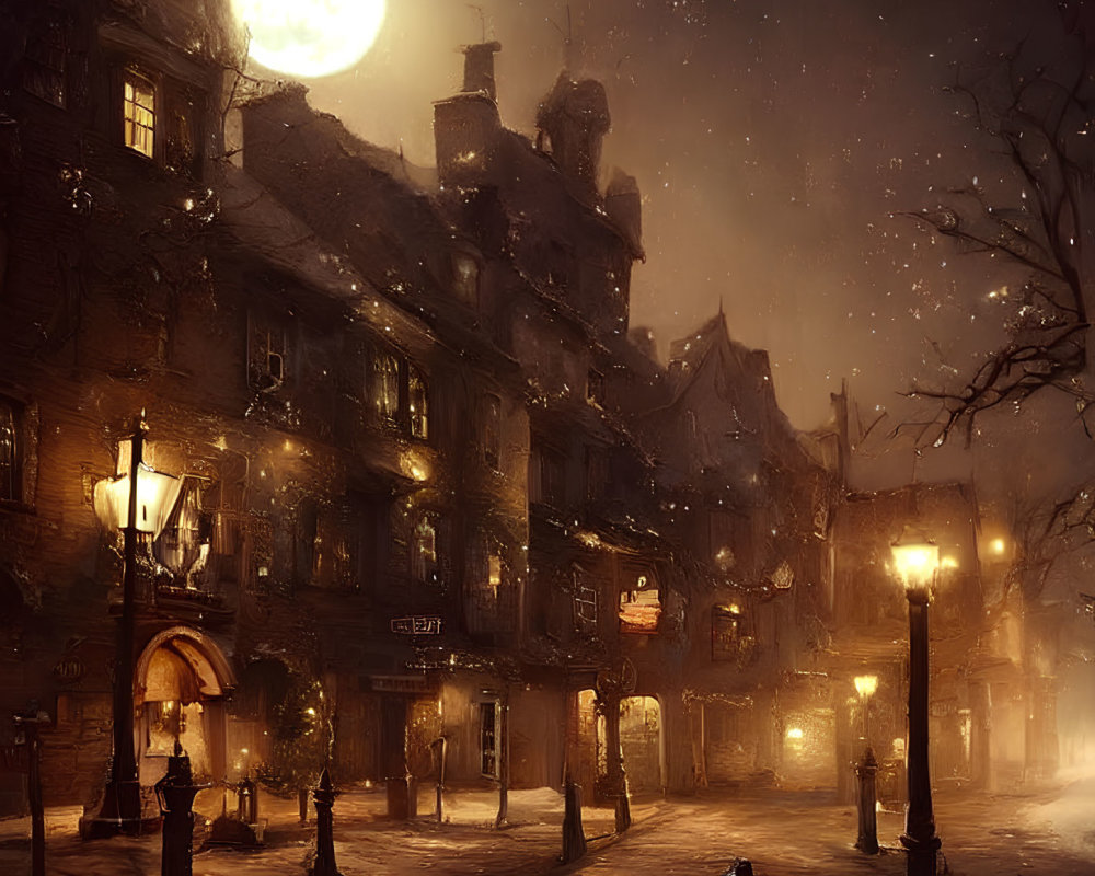 Vintage Street Scene: Misty Night with Full Moon and Snowfall