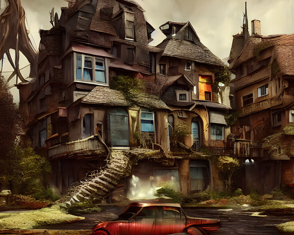 Abandoned cluster of houses with overgrown surroundings and a red car in a murky setting