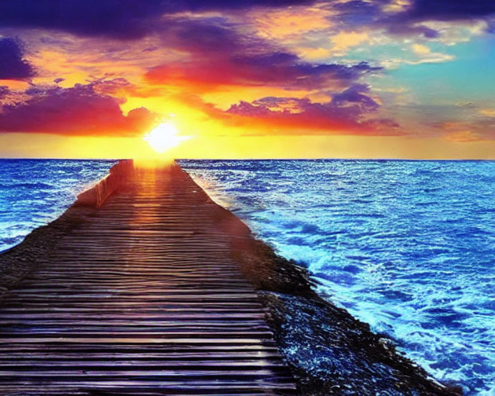 Colorful Ocean Sunset Viewed from Wooden Pier