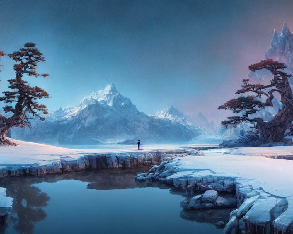 Solitary Figure on Frozen Lakeshore with Snow-Covered Trees