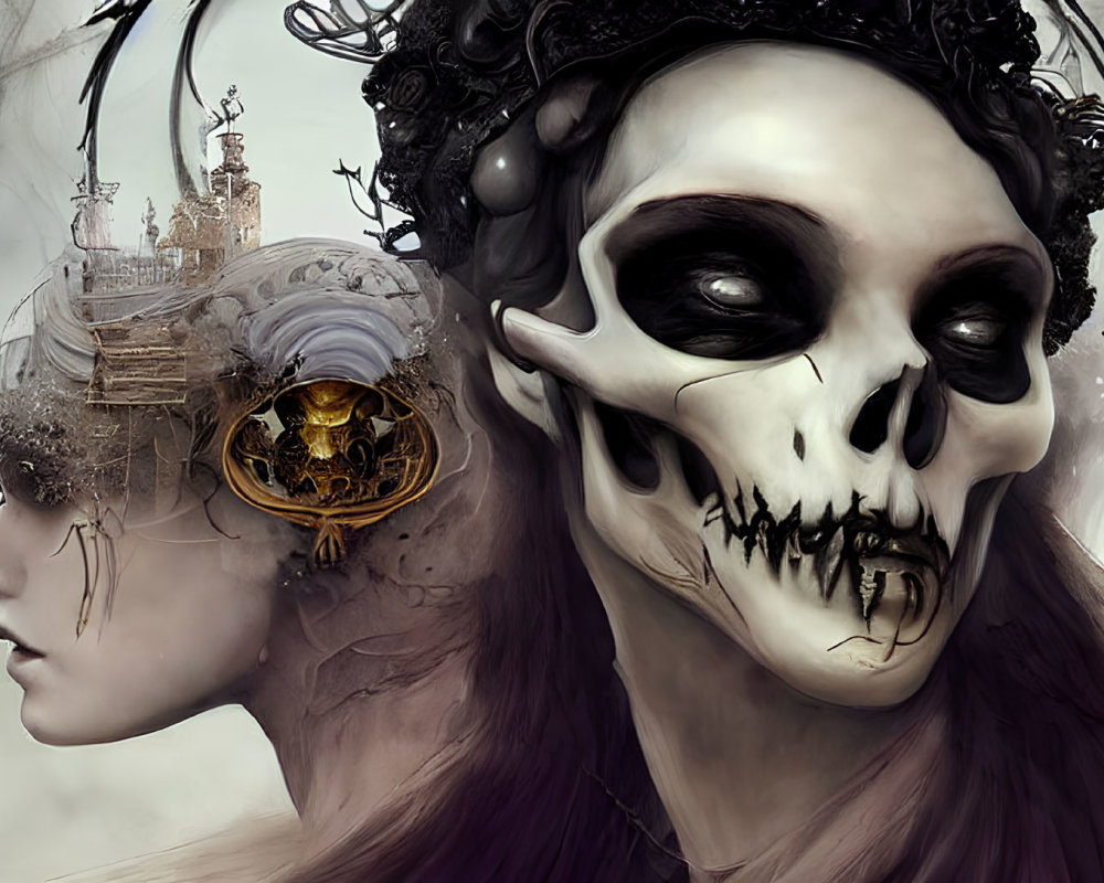 Dual-faced figure with skull and woman in dark crown artwork.