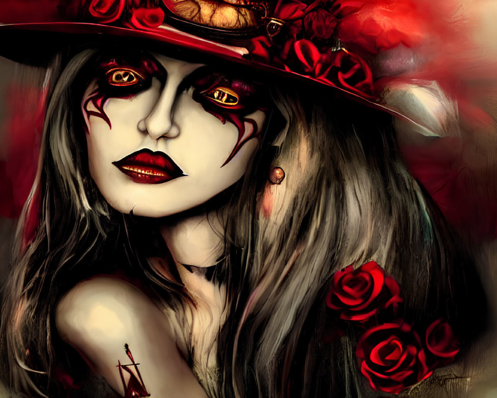 Portrait of a Woman with Dramatic Red and Black Makeup and Rose-Adorned Hat