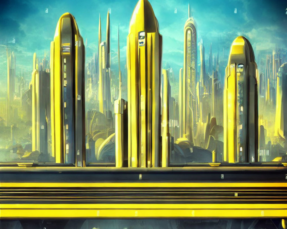 Golden skyscrapers in futuristic cityscape under blue sky