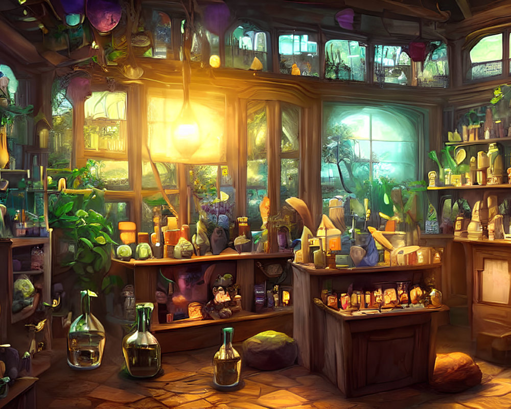 Vibrant apothecary with bottles, plants, and sunlight