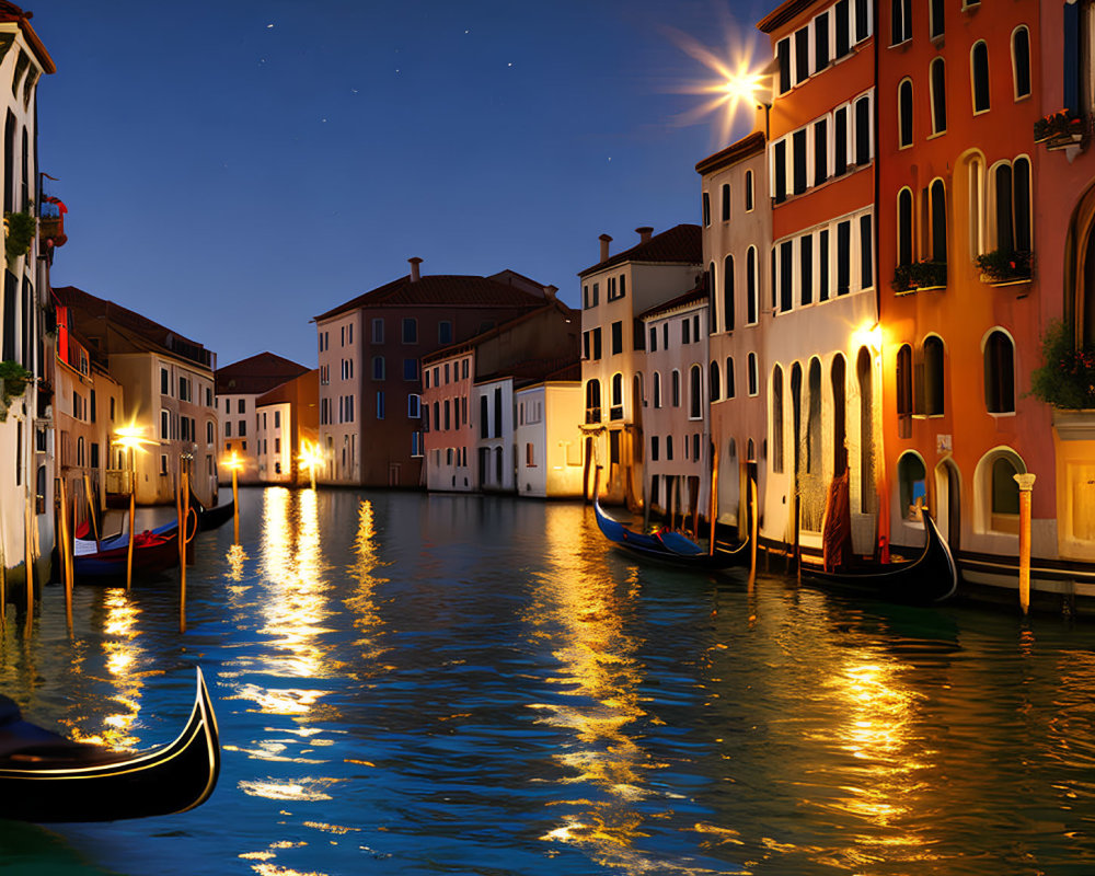 Night scene of Venetian canal with gondolas and colorful buildings reflecting under starry sky