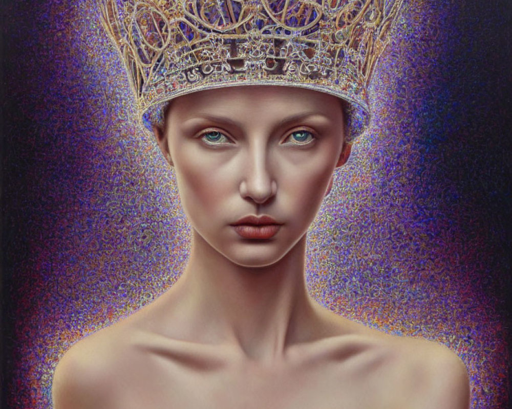 Detailed Golden Crown on Person with Multicolored Skin Texture and Green Eyes