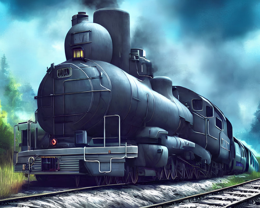 Detailed Dark Steam Locomotive on Misty Tracks Amid Lush Greenery