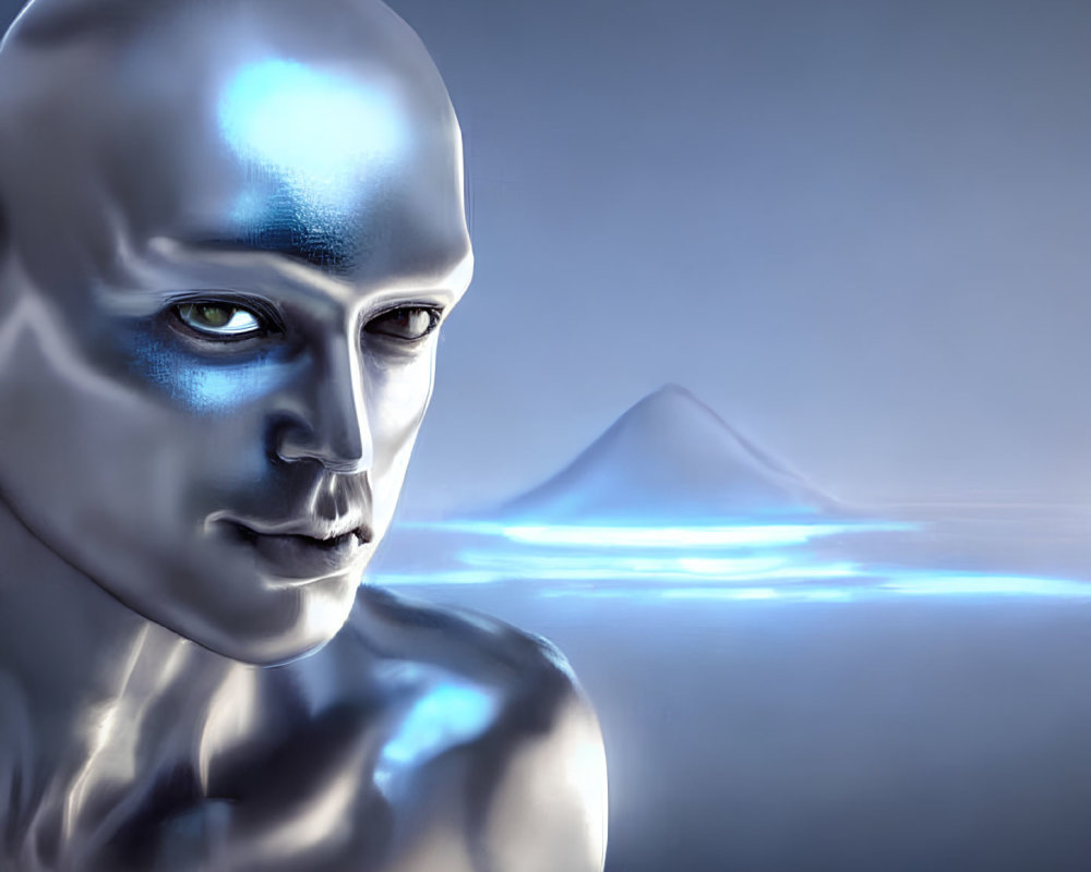 Blue humanoid figure with reflective skin in serene landscape