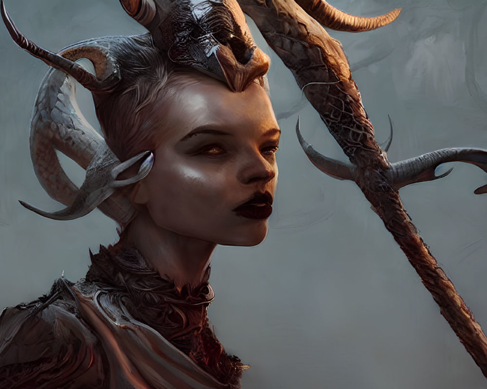 Fantasy painting of a woman with dragon-like horns and scale textures holding a curved blade spear.