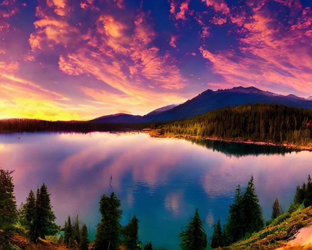 Tranquil lake at sunrise with pink clouds, forested mountains.