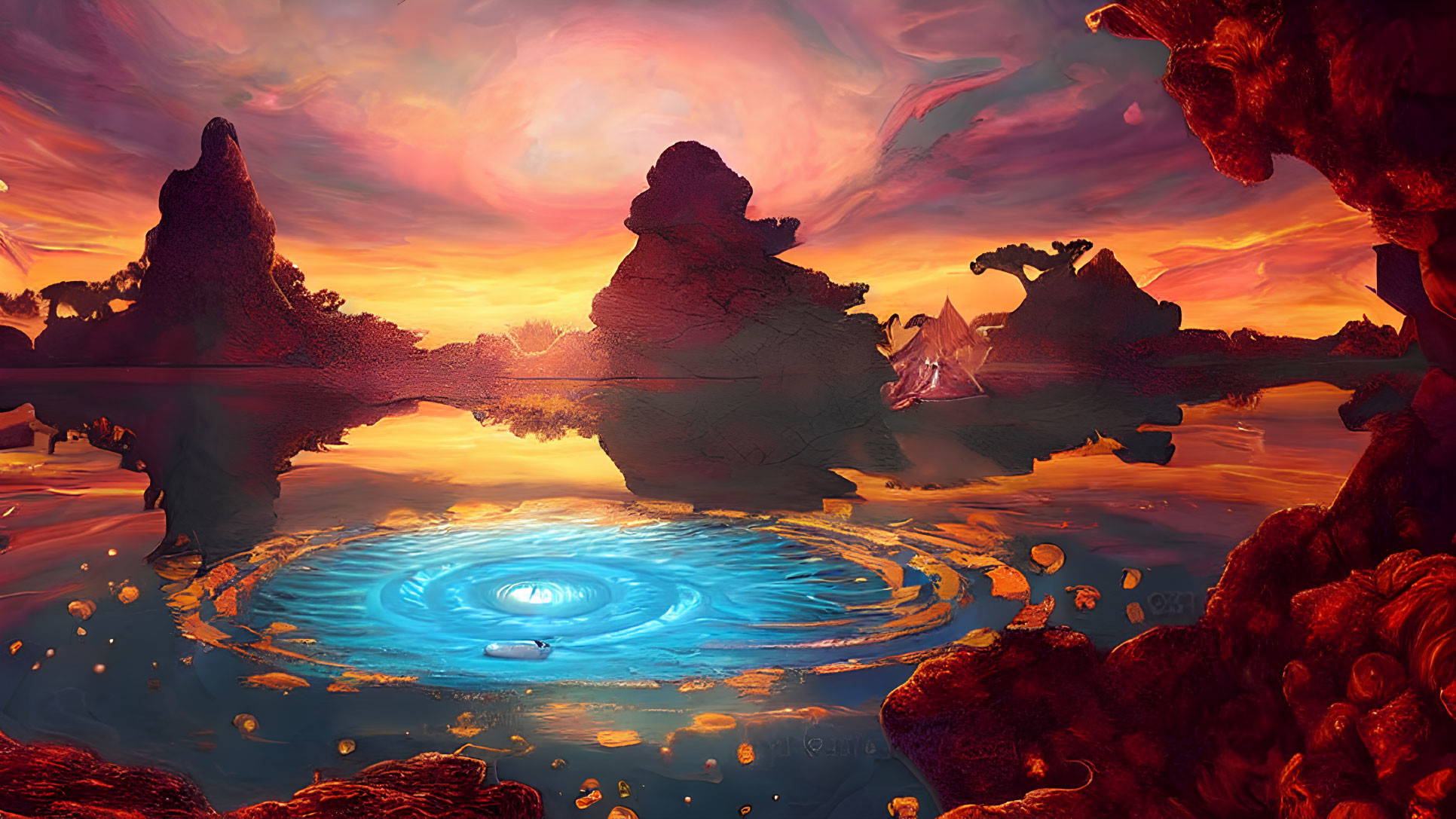 Fantasy landscape: vibrant sunset sky, rock formations, glowing blue portal, serene water with golden particles