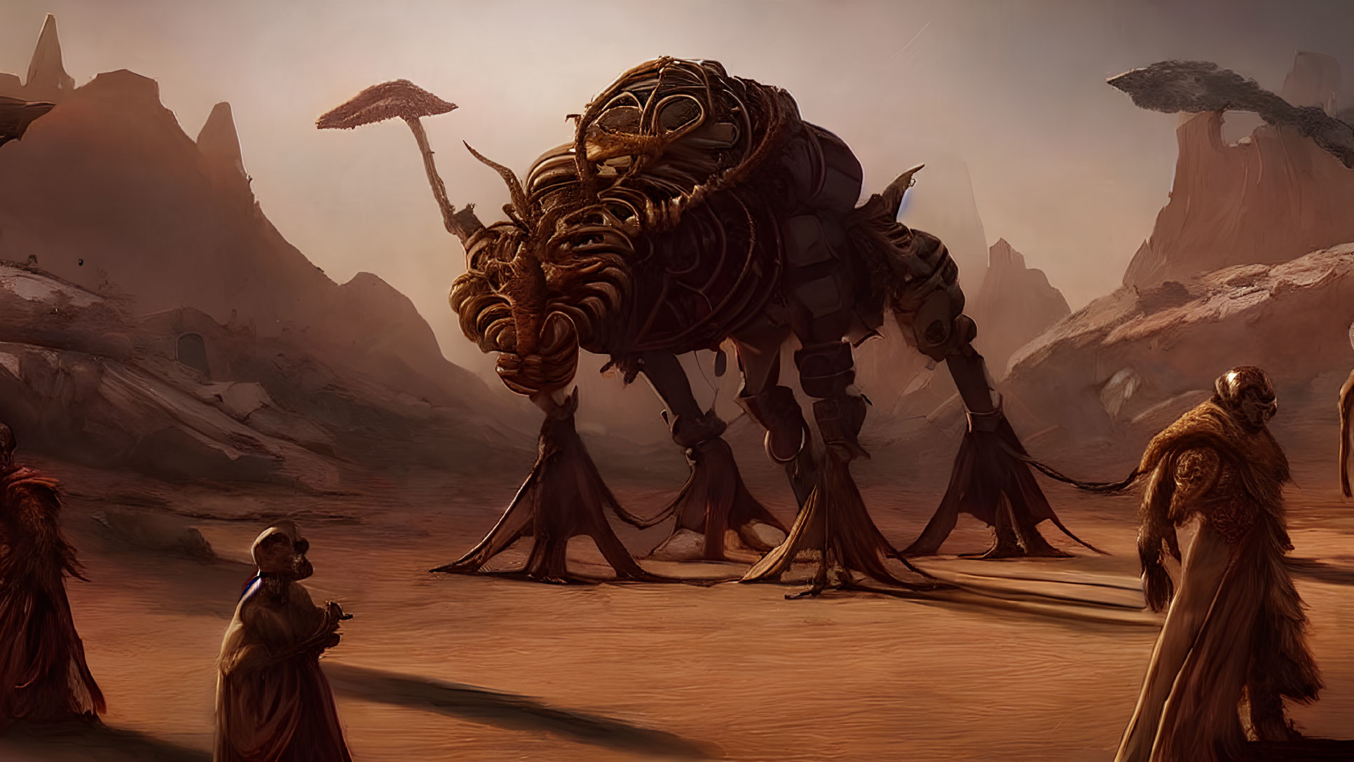 Mechanical beetle-like creature in desert with robed figures