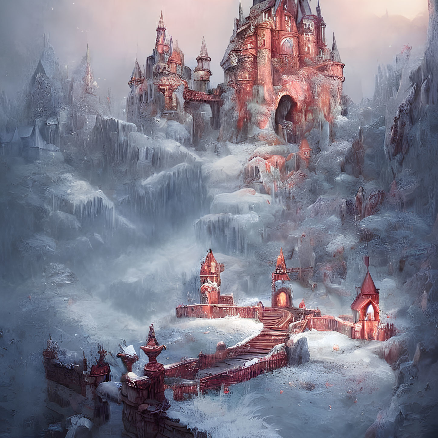 Mystical frozen landscape with grand castle, icy cliffs, and stone bridge