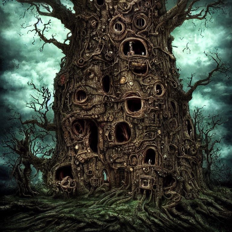 Eerie fantasy illustration of sprawling tree with eyes in dark forest