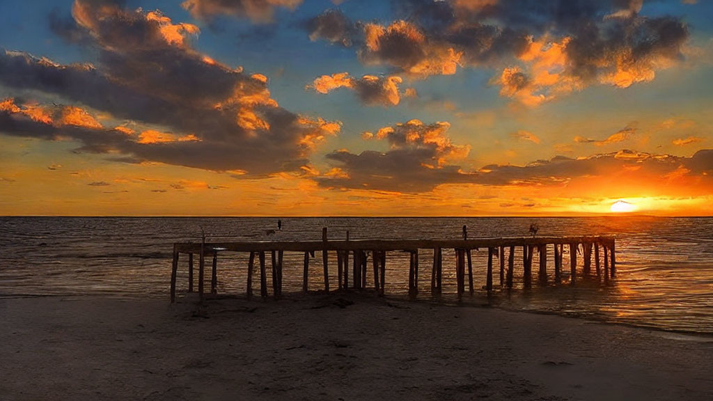 Tranquil sunset seascape with wooden pier and birds