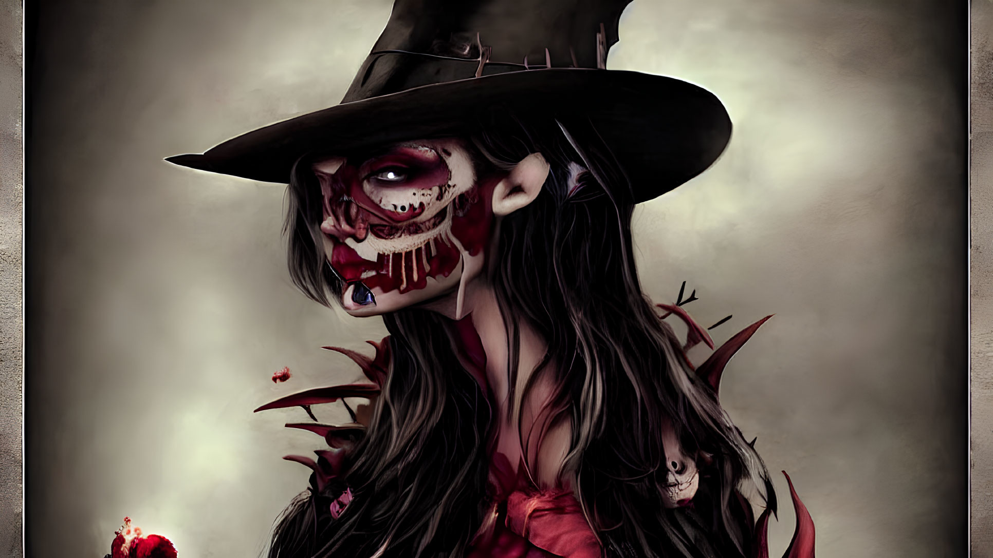 Spooky illustration of skeletal figure in witch's attire