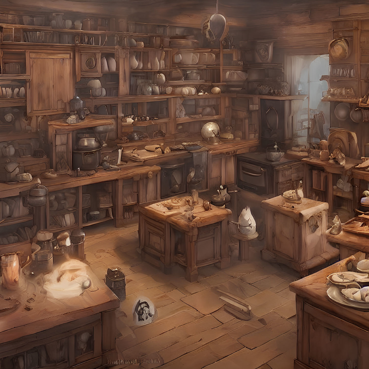 Medieval-style kitchen with wooden furniture, shelves, and cauldron