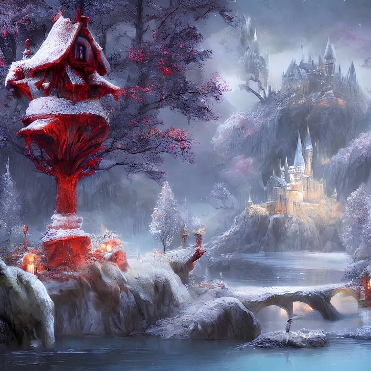 Winter Fantasy Landscape with Mushroom House, Lanterns, Snow, River, Bridge, and Castle