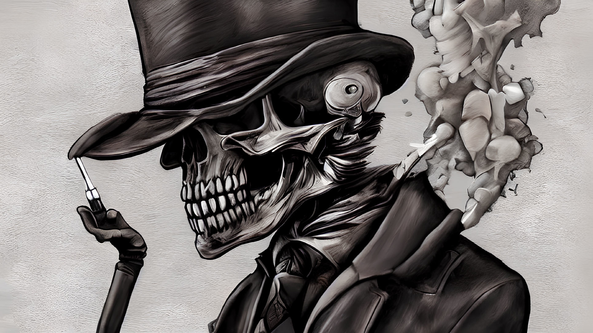 Monochrome skeletal figure in top hat with cane and smoky spectral form