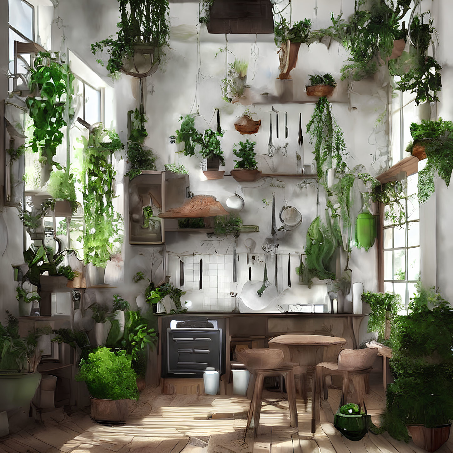 Rustic kitchen with green plants, wooden furniture, vintage utensils