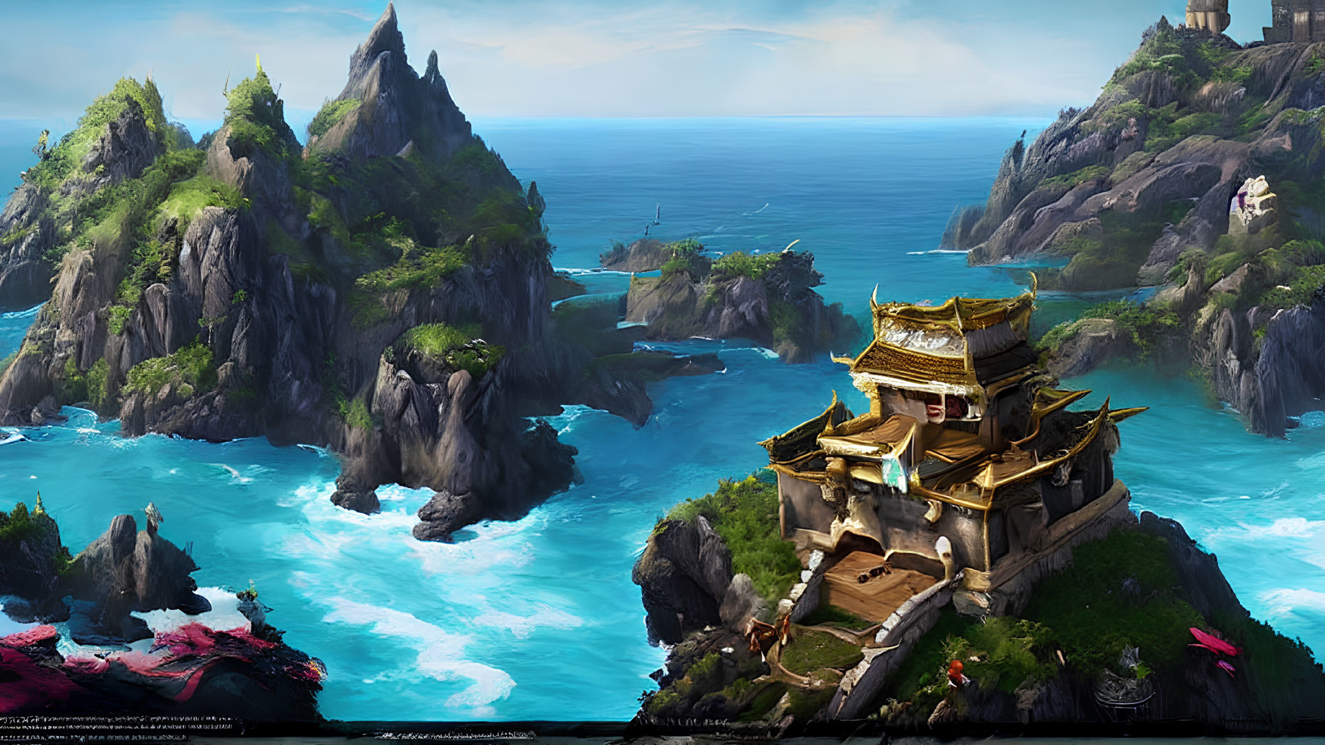 Fantastical seaside landscape with East Asian-style pagoda