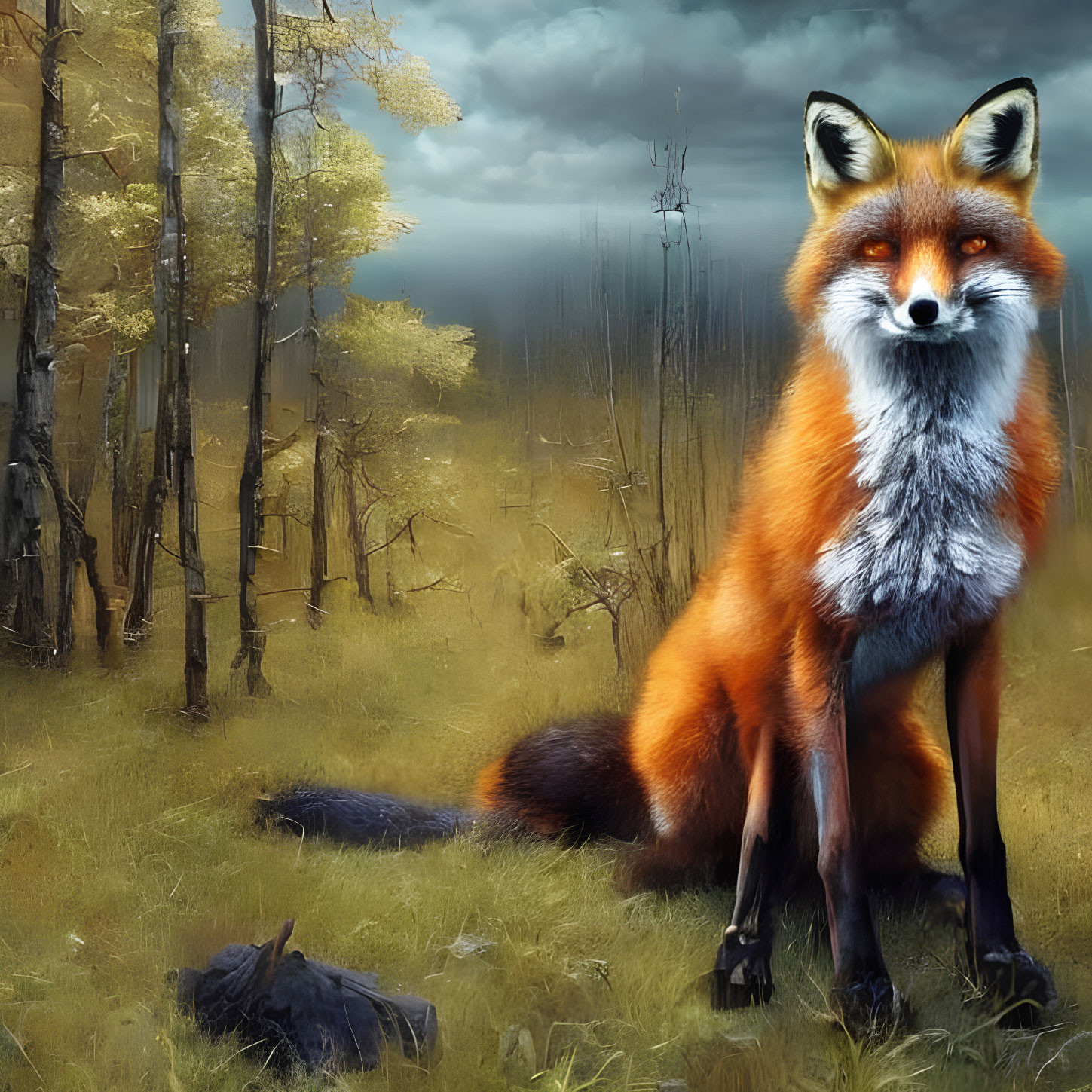 Red fox and raven in mystical forest with golden foliage