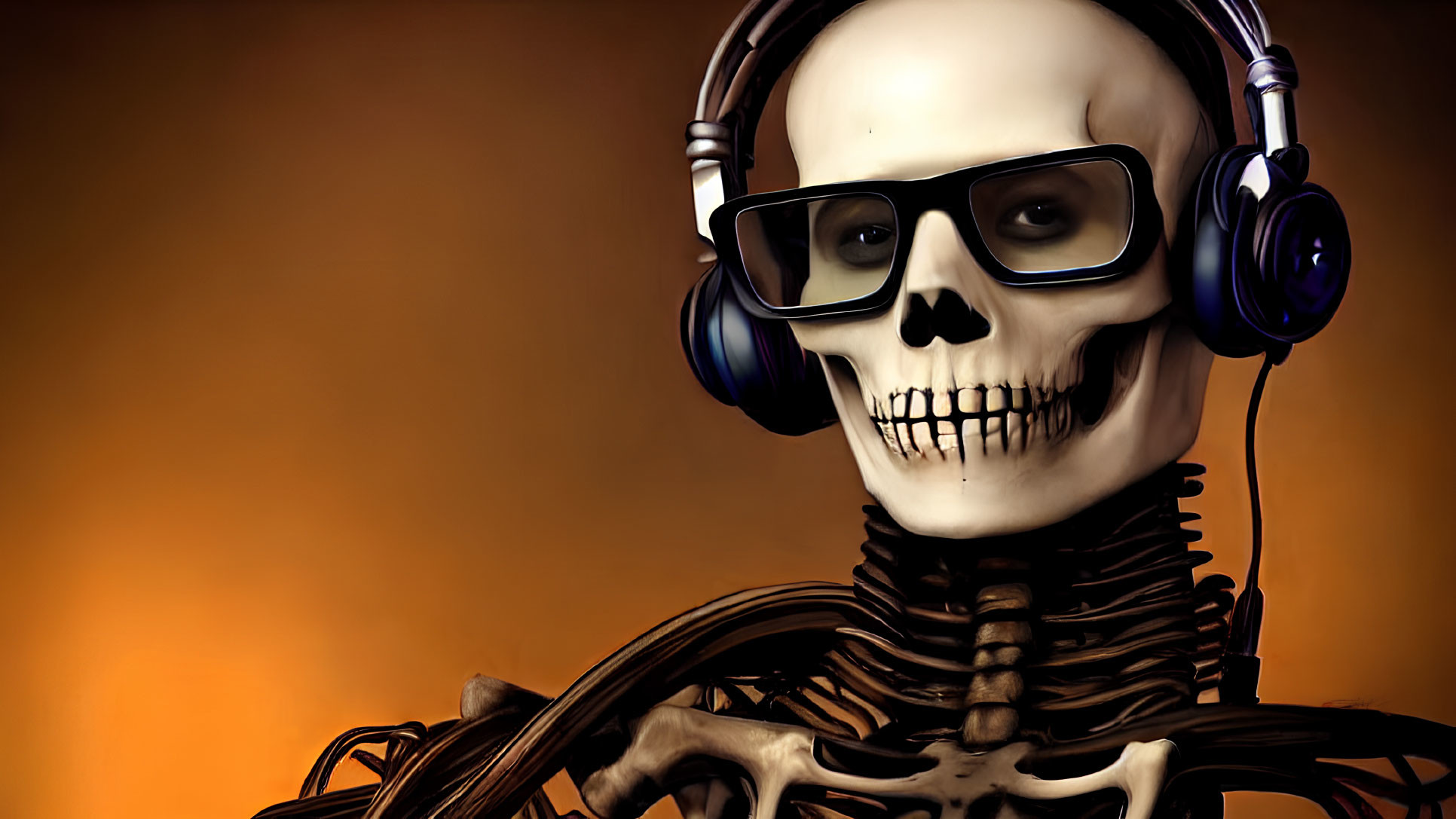 Skeleton in Sunglasses and Headphones on Warm Gradient Background