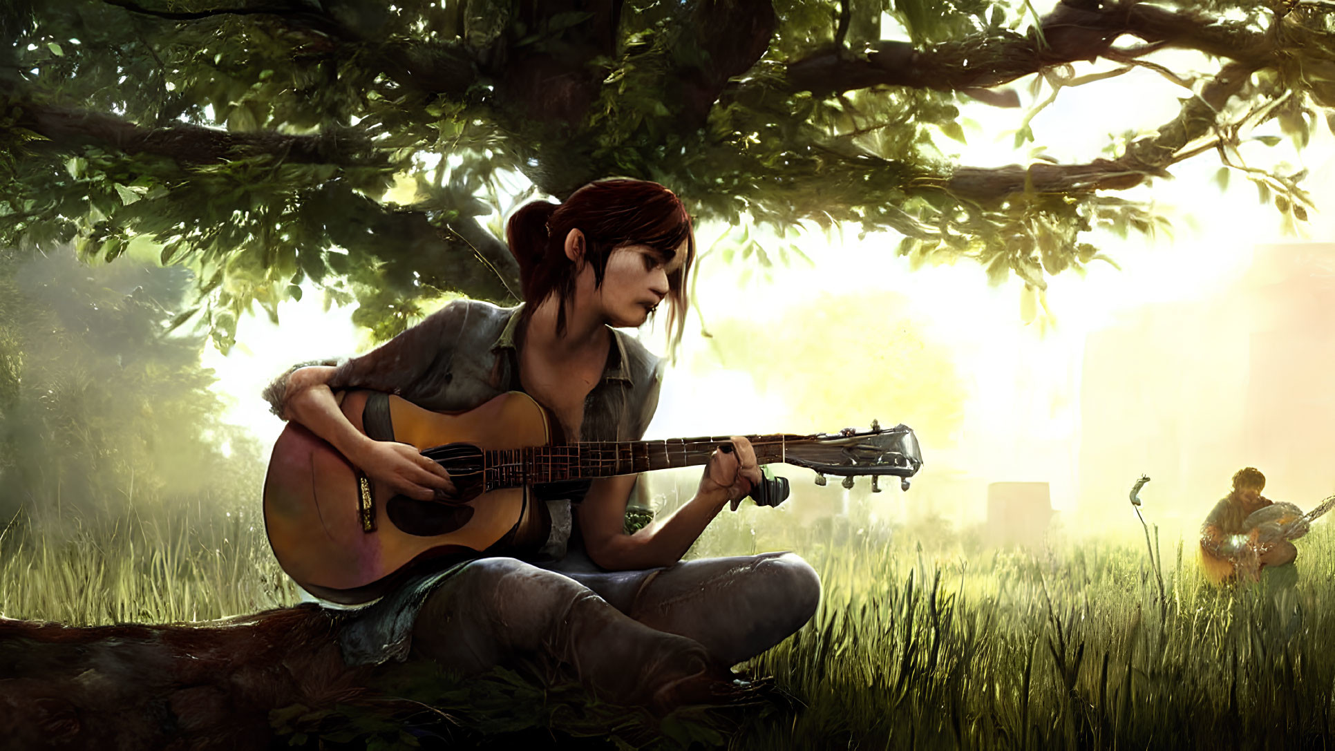 Woman playing guitar under tree with guard in distance