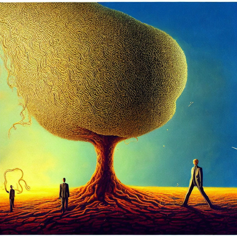 Surreal painting of three figures under labyrinthine tree