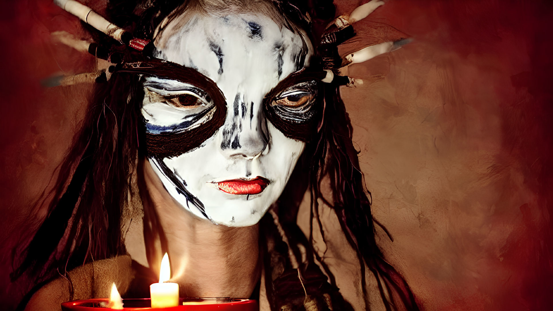 Skull-faced person with horns holding candles on smoky background