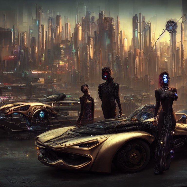 Three individuals with cyborgs beside sleek cars in futuristic city