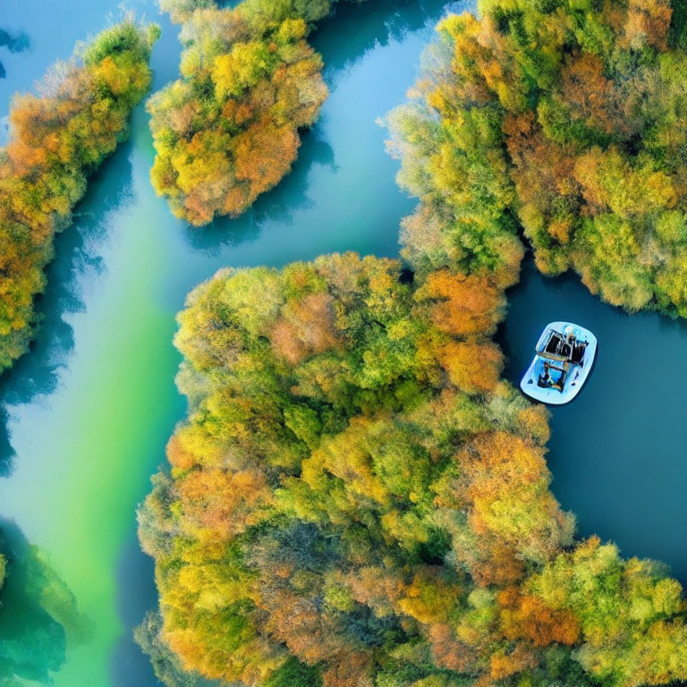 Scenic aerial view of boat on winding river amidst autumn trees