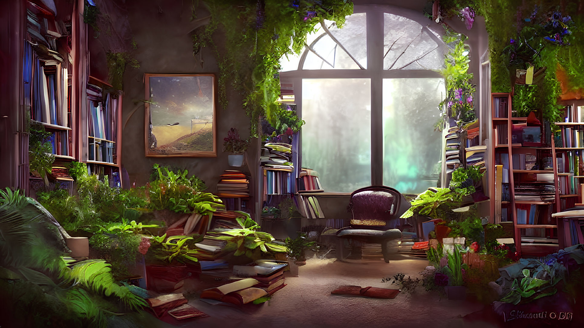 Inviting cozy library with overflowing bookshelves, plants, and armchair