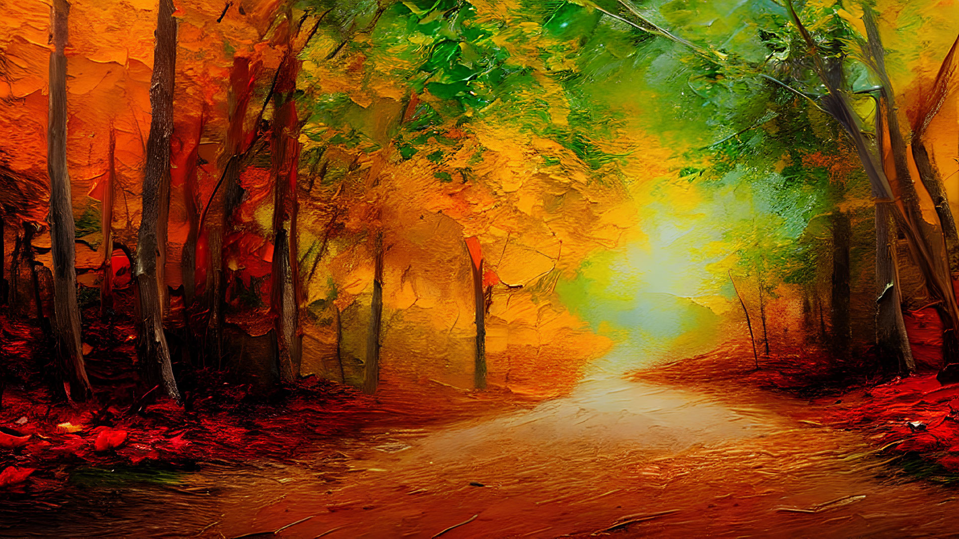 Colorful Autumn Forest with Path and Bright Light