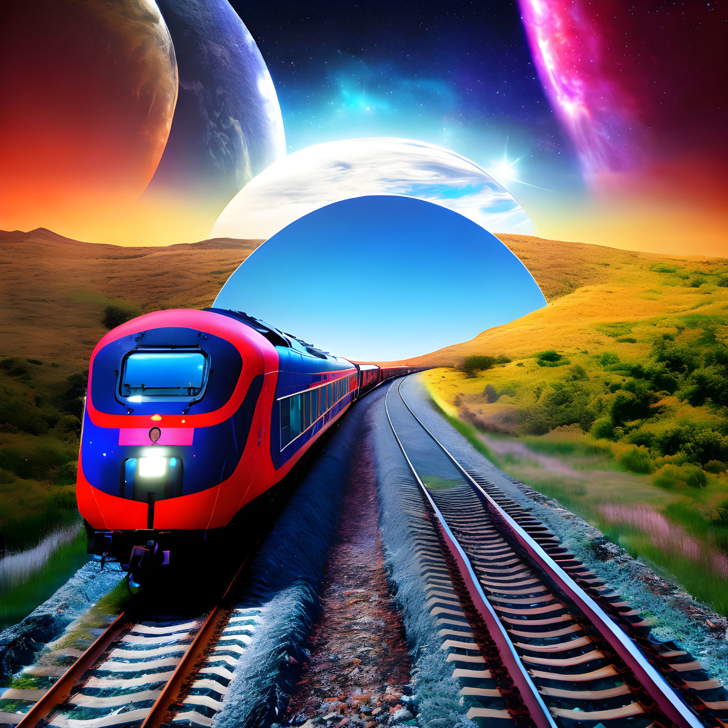 Futuristic train on grassy terrain under surreal sky