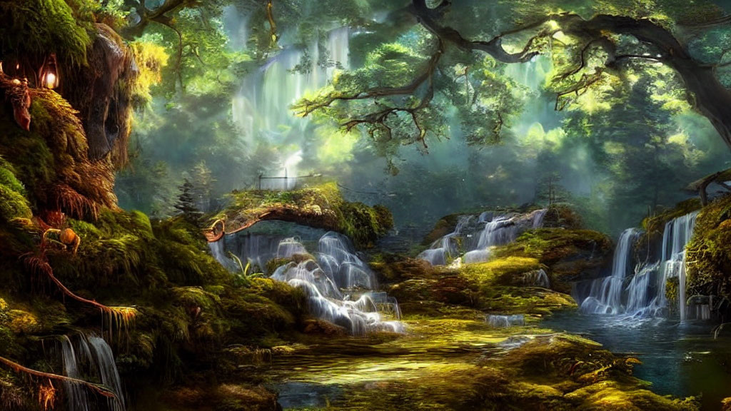 Serene forest scene with waterfalls, mossy rocks, sunlight, and ancient tree