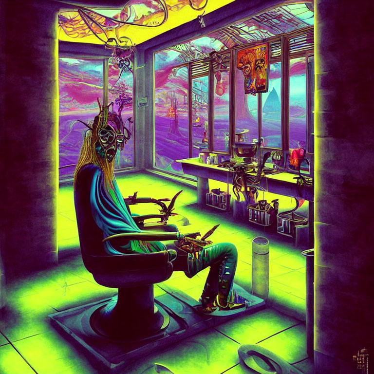 Colorful psychedelic art of character with long hair and mask in eclectic room