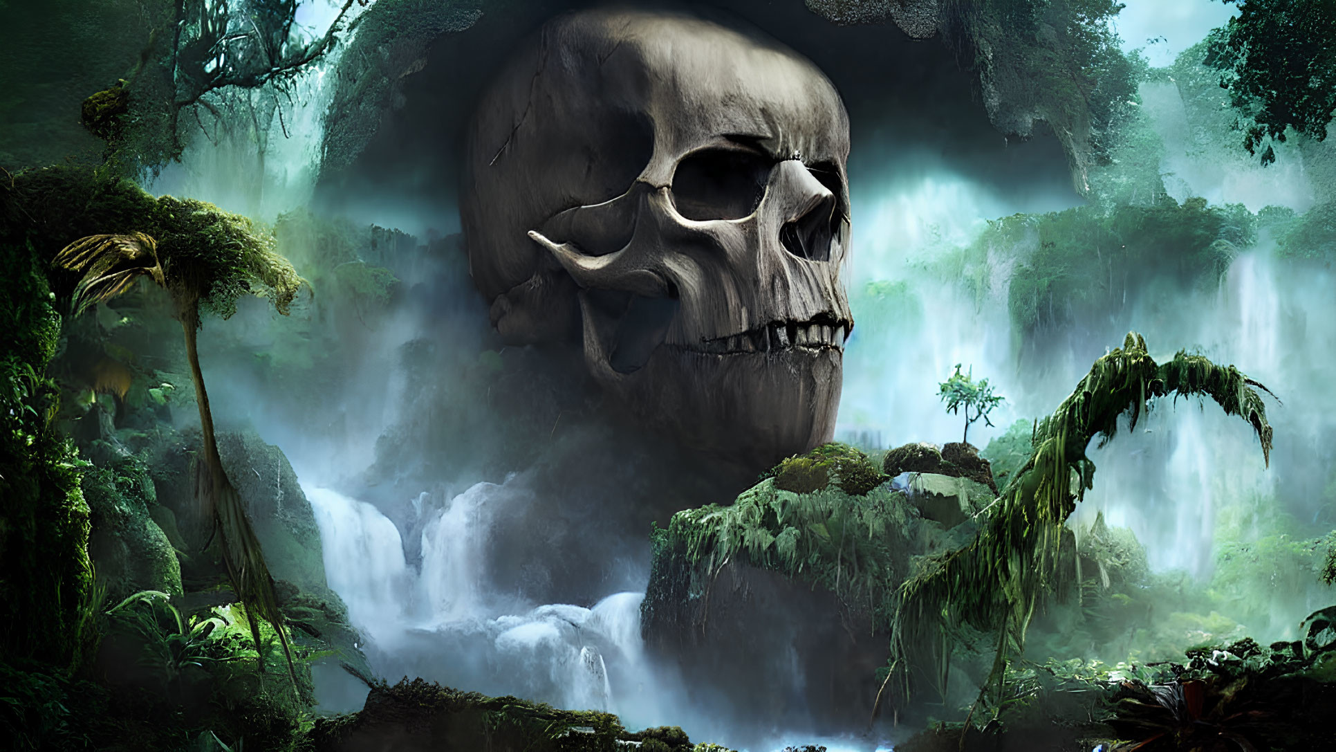 Giant Skull Cave Entrance Overlooking Waterfall in Misty Jungle