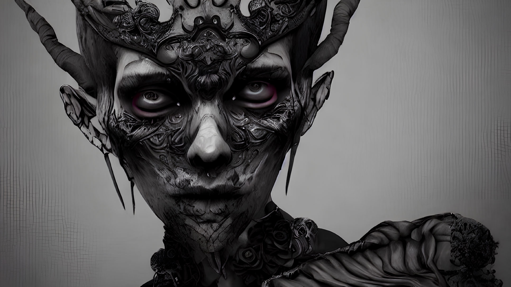 Grayscale image of a character with demonic features and ornate headgear.