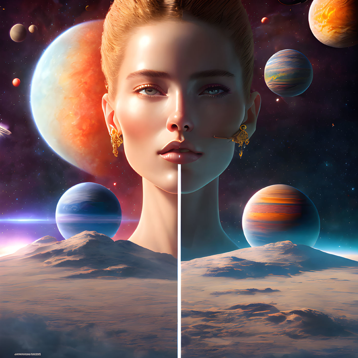 Split graphic of woman's face with cosmic backdrop and mountainous landscape with planets in sky.