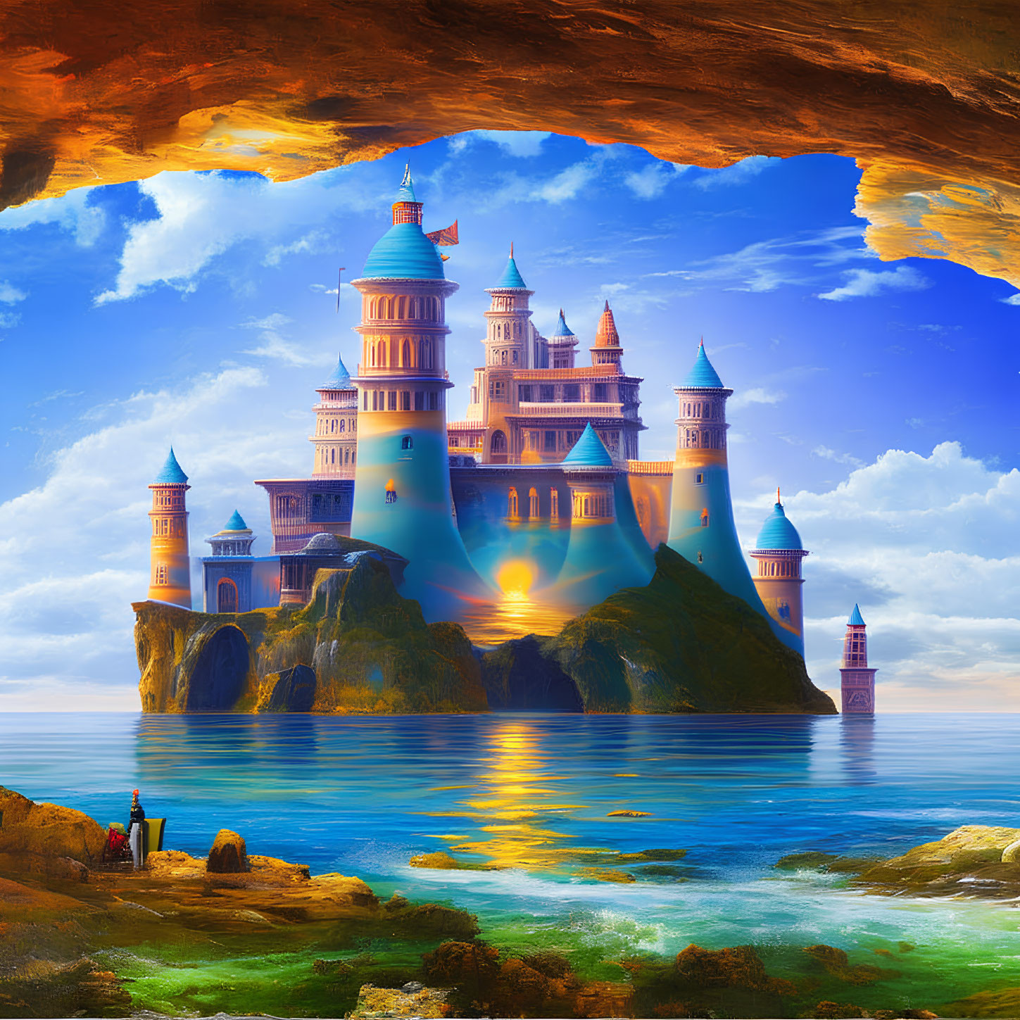 Majestic castle with towers on island at sunset from coastal cave