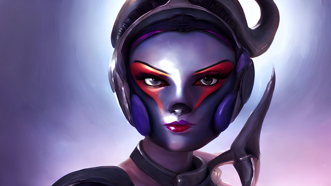 Female alien illustration: purple skin, cheek markings, futuristic helmet, soft purple backdrop