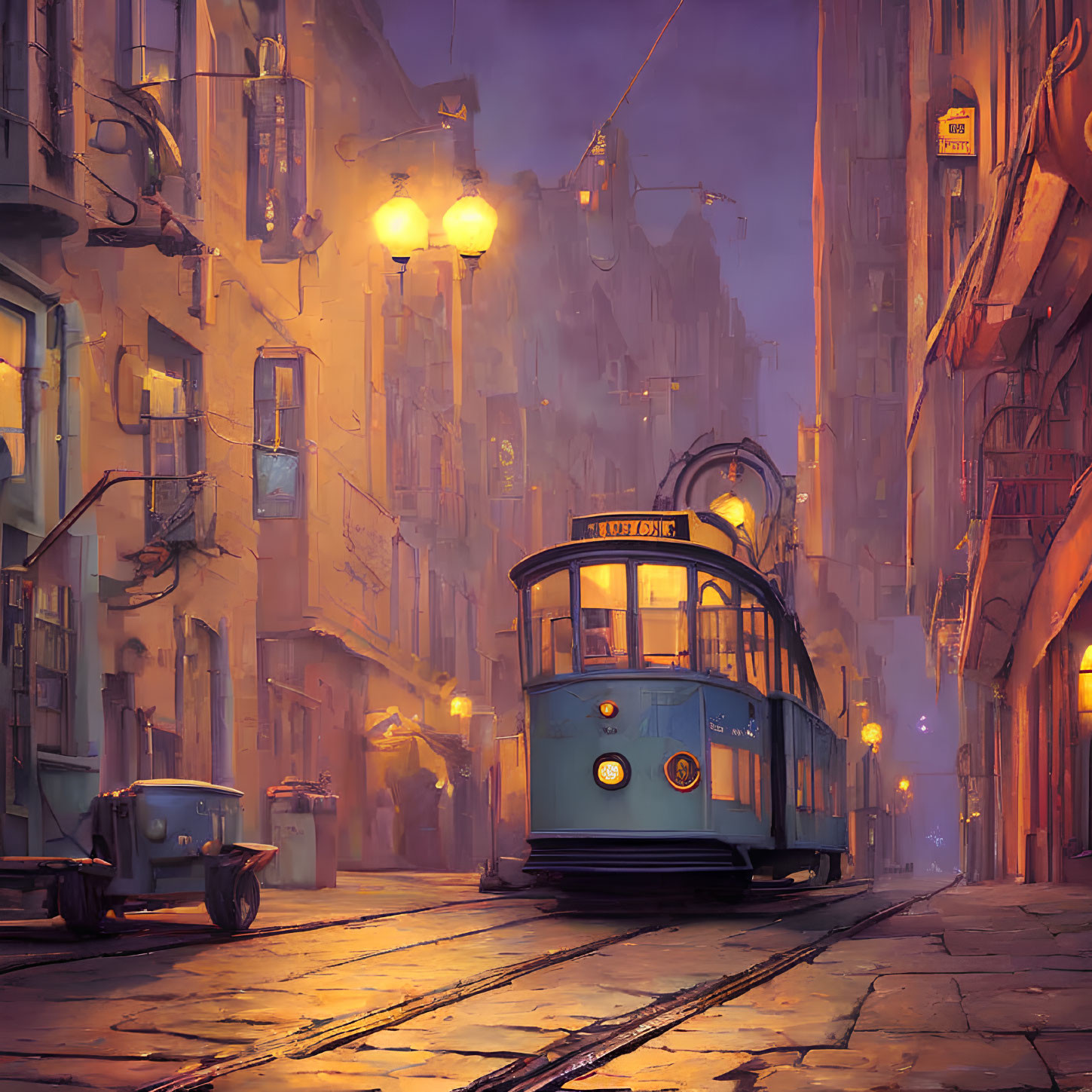 Vintage Blue Tram in Misty City Street at Twilight