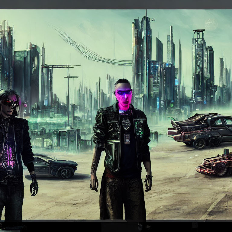 Stylized individuals in futuristic attire against cyberpunk cityscape