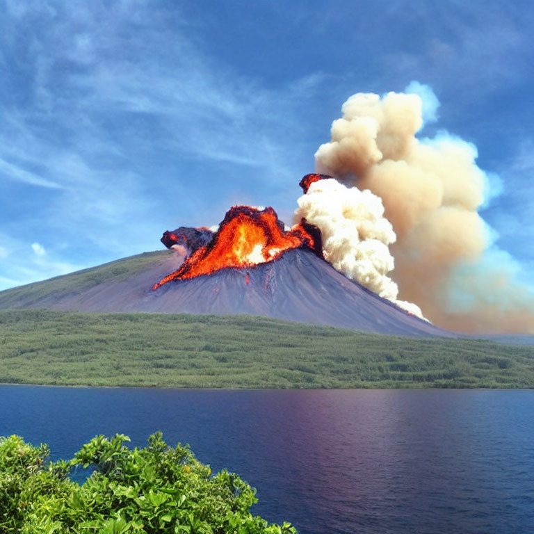 Volcano erupting with bright lava flows near tranquil lake