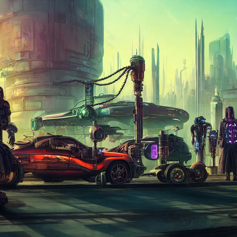 Advanced vehicles, cyborgs, skyscrapers in futuristic cityscape