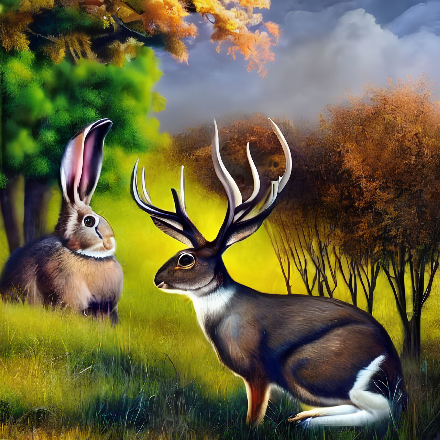 Colorful forest scene with rabbit and jackalope in whimsical illustration